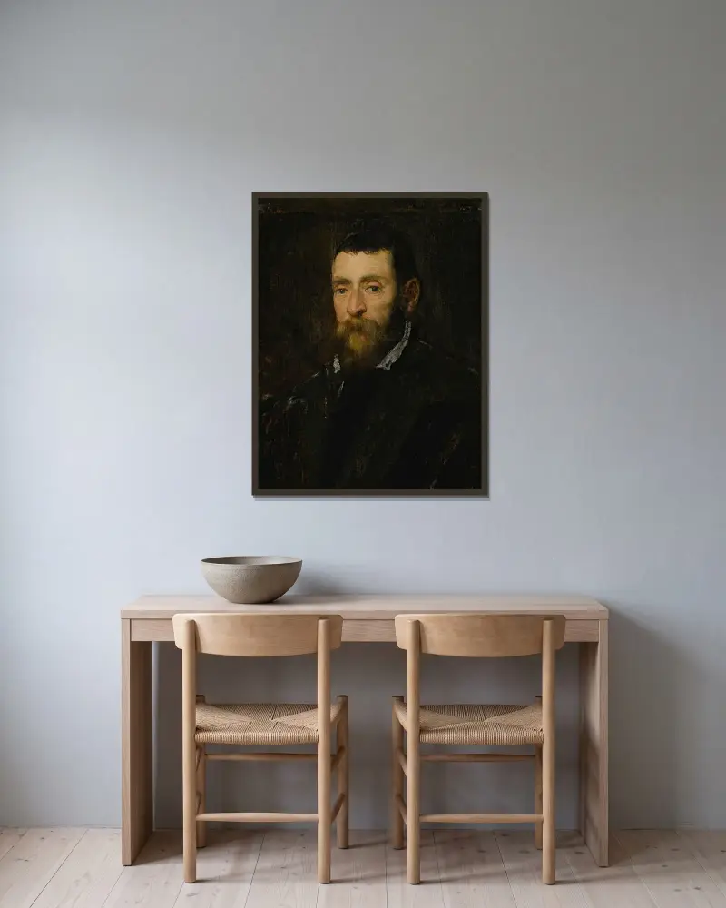 Porträt eines bärtigen Mannes, möglicherweise Prinz Antonio di Santacroce von Rom von Jacopo Tintoretto gerahmt an einer Wand
