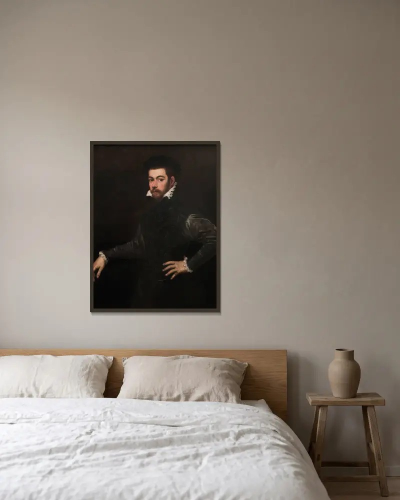 Bildnis eines Edelmannes von Jacopo Tintoretto gerahmt an einer Wand