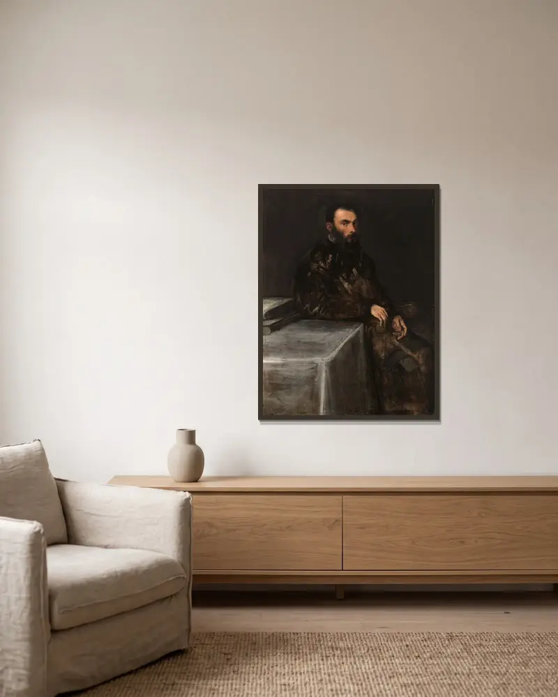 Porträtt av en man av Jacopo Tintoretto inramad på en vägg
