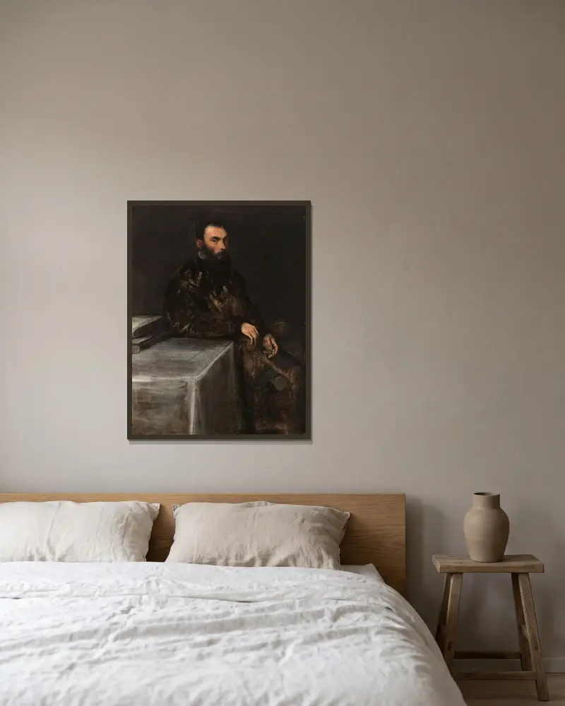 Porträtt av en man av Jacopo Tintoretto inramad på en vägg
