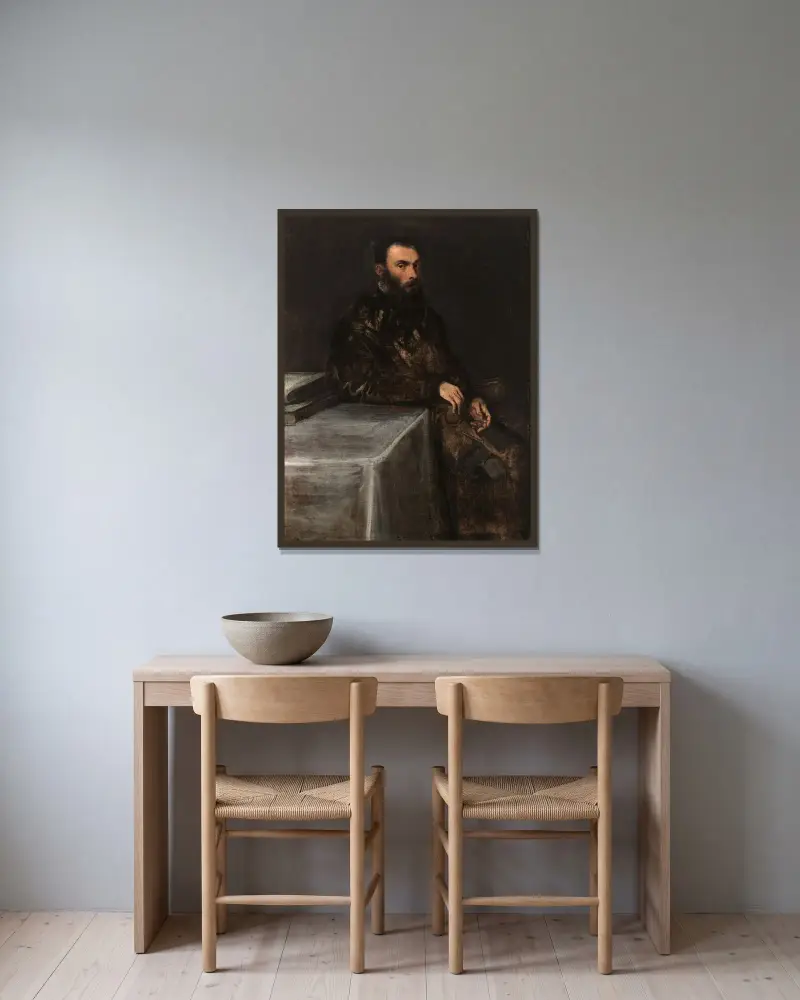 Porträtt av en man av Jacopo Tintoretto inramad på en vägg