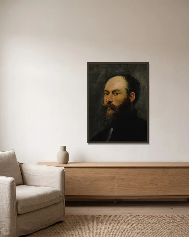 Portrait Of A Man – nr 1 av Jacopo Tintoretto inramad på en vägg
