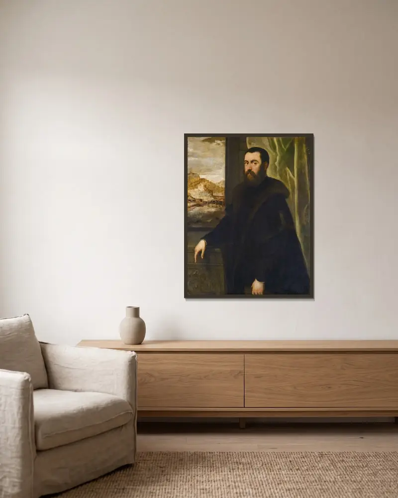 Porträtt av en man med landskapsvy av Jacopo Tintoretto inramad på en vägg