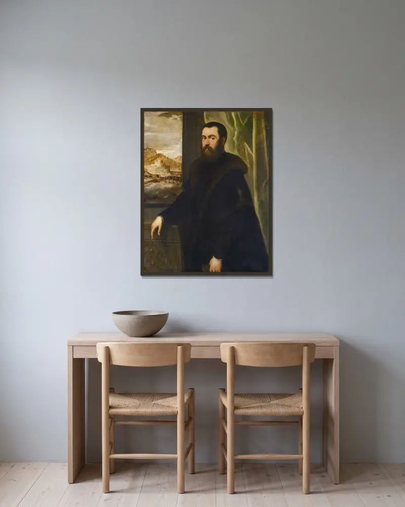 Porträtt av en man med landskapsvy av Jacopo Tintoretto inramad på en vägg