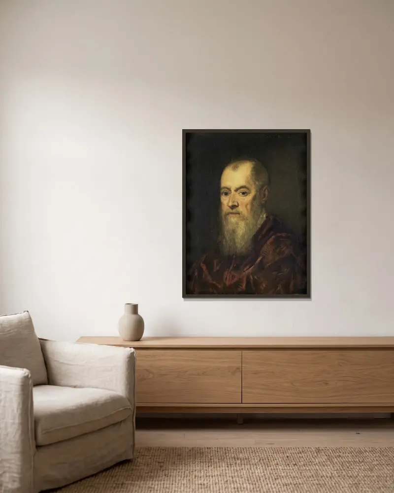 Portrait of a Man with a Red Cloak av Jacopo Tintoretto inramad på en vägg