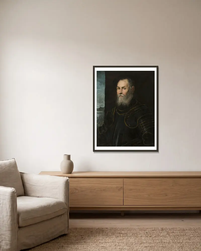 Bildnis eines venezianischen Admirals von Jacopo Tintoretto gerahmt an einer Wand
