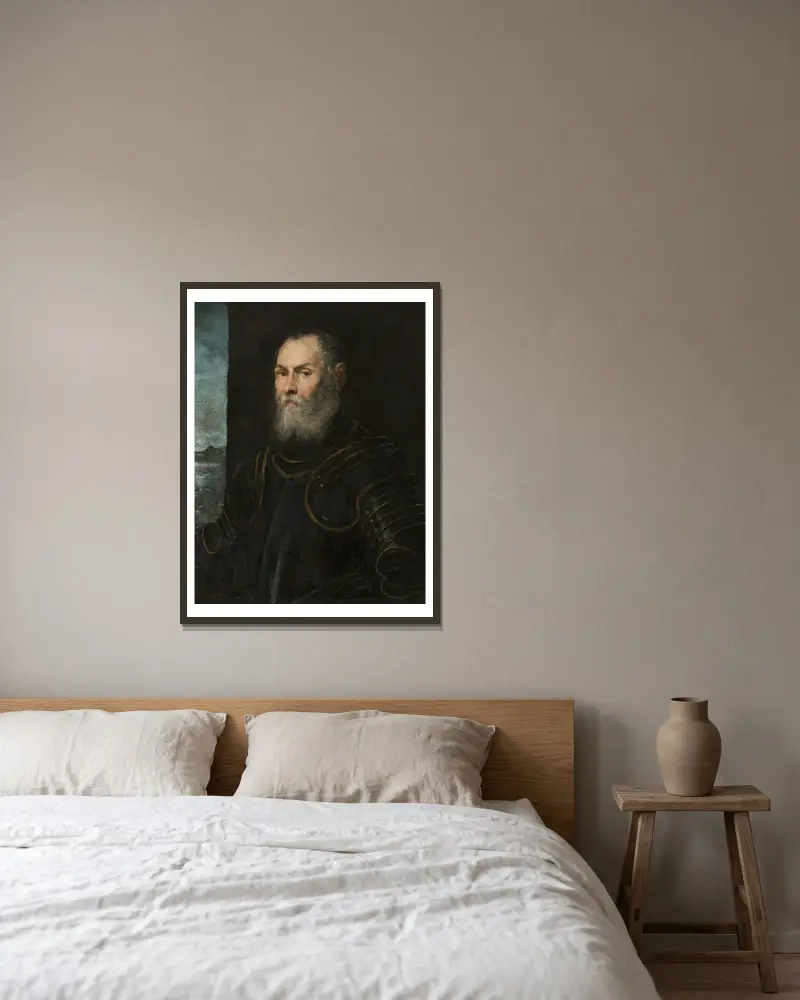 Bildnis eines venezianischen Admirals von Jacopo Tintoretto gerahmt an einer Wand