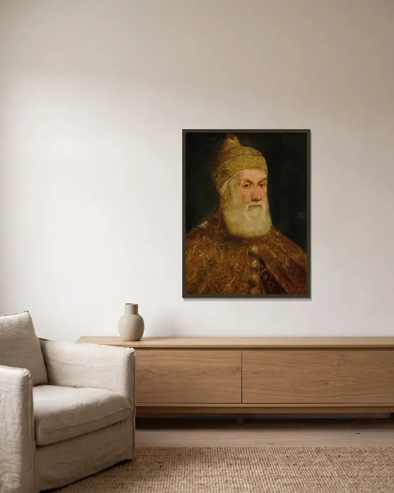 Portrait Of Doge Girolamo Priuli av Jacopo Tintoretto inramad på en vägg