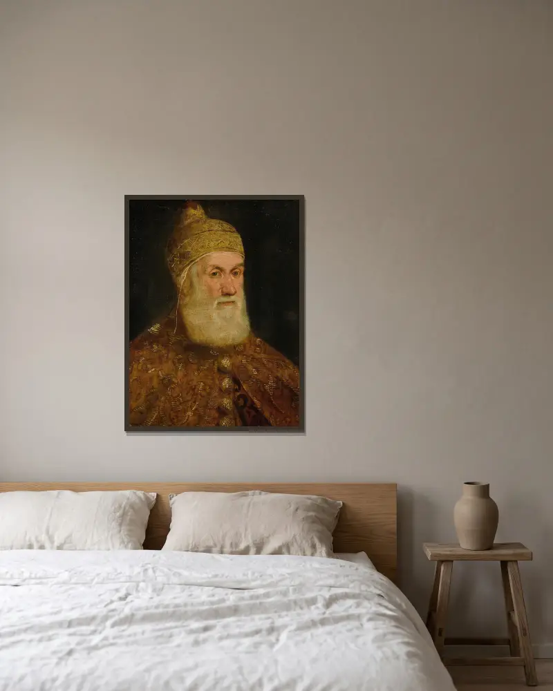 Portrait Of Doge Girolamo Priuli av Jacopo Tintoretto inramad på en vägg