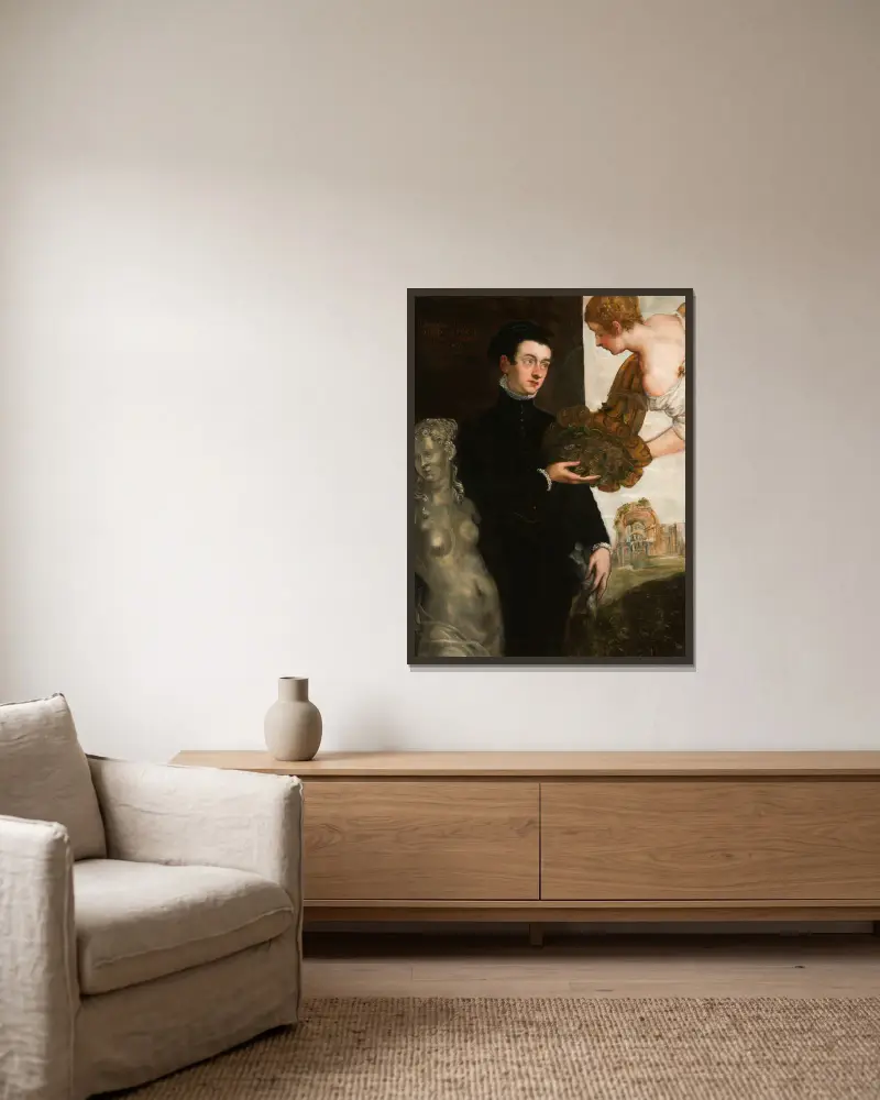 Portrait of Ottavio Strada av Jacopo Tintoretto inramad på en vägg