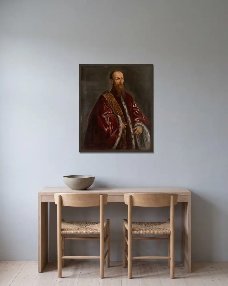 Porträtt av Vincenzo Morosini av Jacopo Tintoretto inramad på en vägg