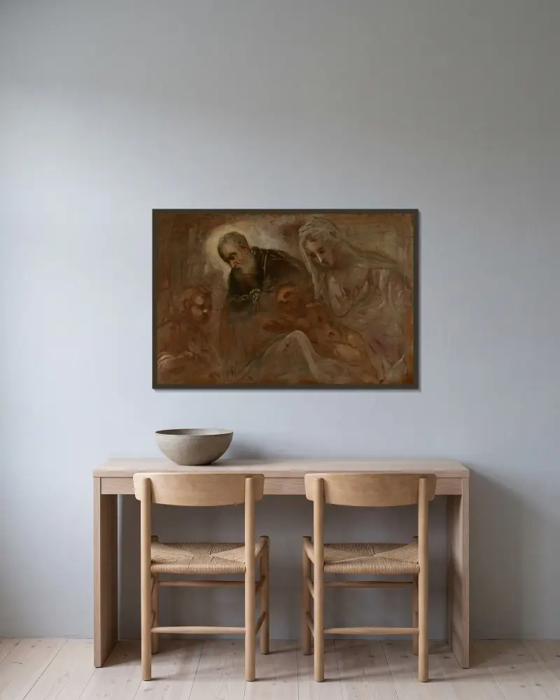 Den heliga familjen med unge Johannes döparen av Jacopo Tintoretto inramad på en vägg