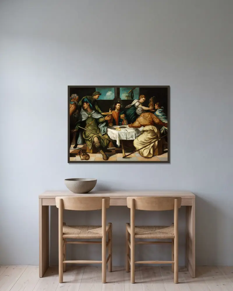 Das Abendmahl in Emmaus von Jacopo Tintoretto gerahmt an einer Wand