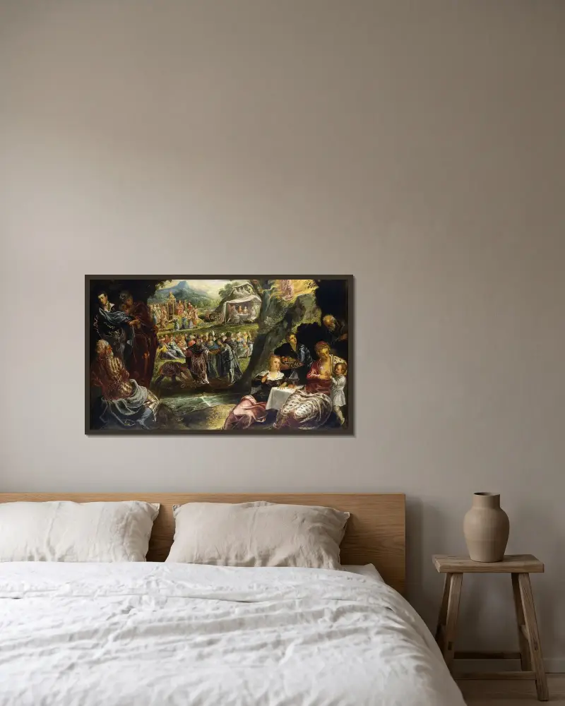Tillbedjan av guldkalven av Jacopo Tintoretto inramad på en vägg