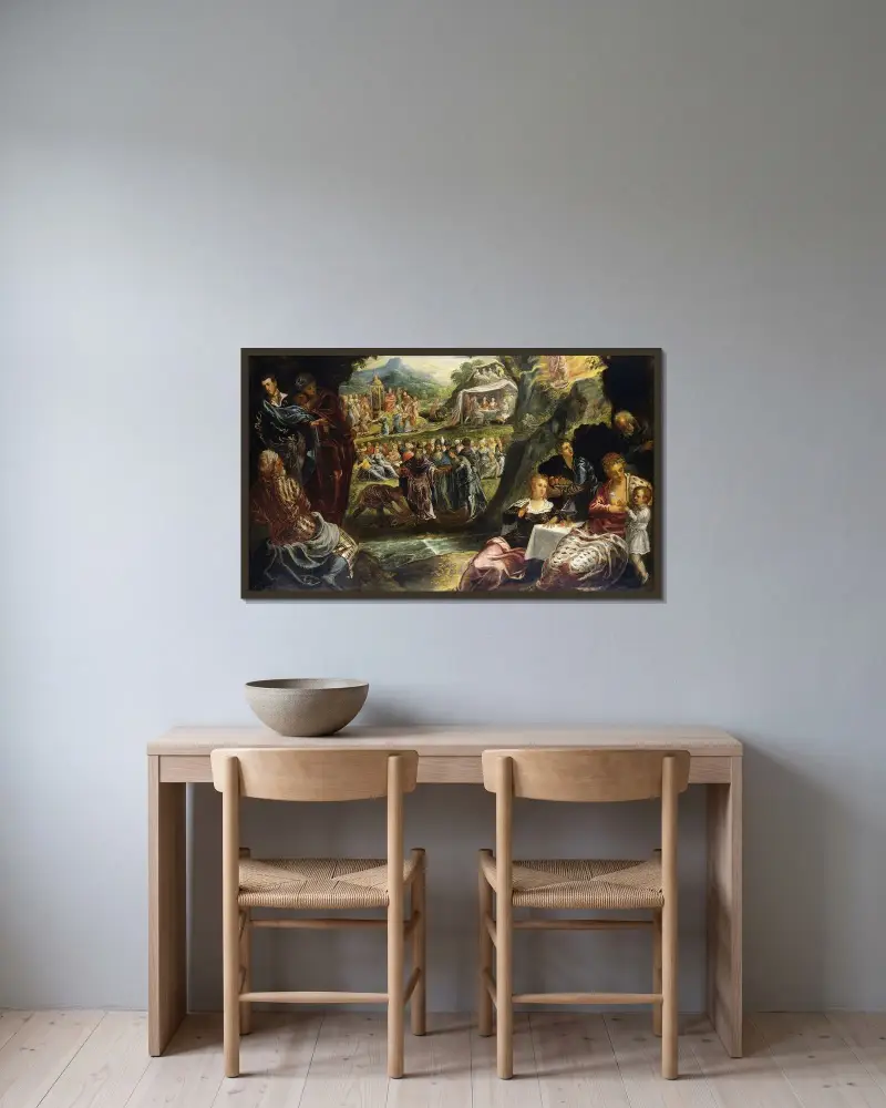 Tillbedjan av guldkalven av Jacopo Tintoretto inramad på en vägg