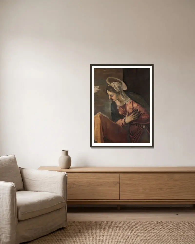 Virgin from the Annunciation to the Virgin av Jacopo Tintoretto inramad på en vägg