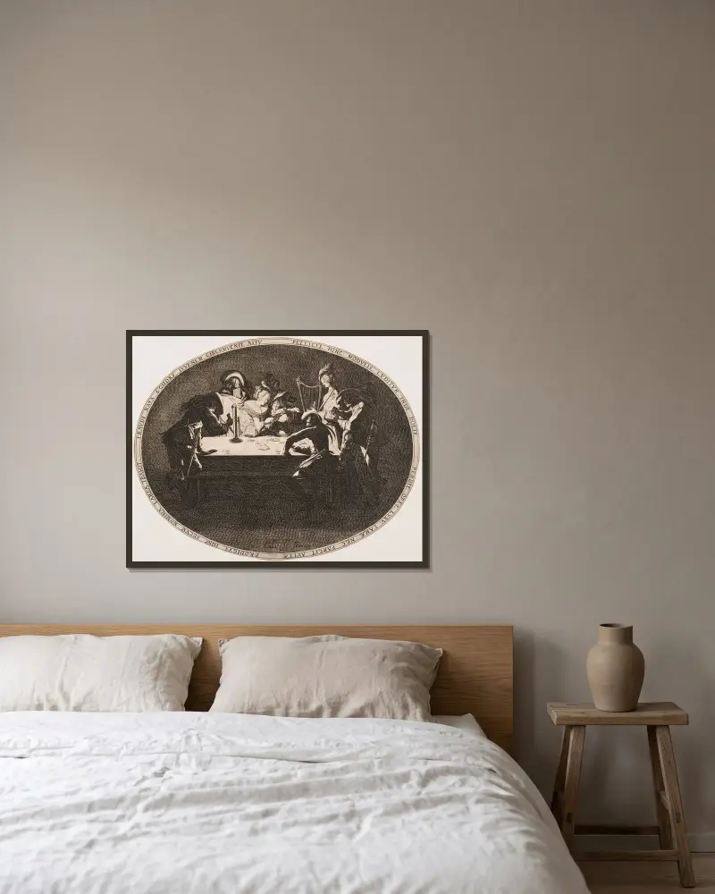 Kortspel (Brelan) av Jacques Callot inramad på en vägg