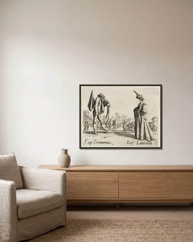 Cap. Cerimonia and Siga Lavinia von Jacques Callot gerahmt an einer Wand