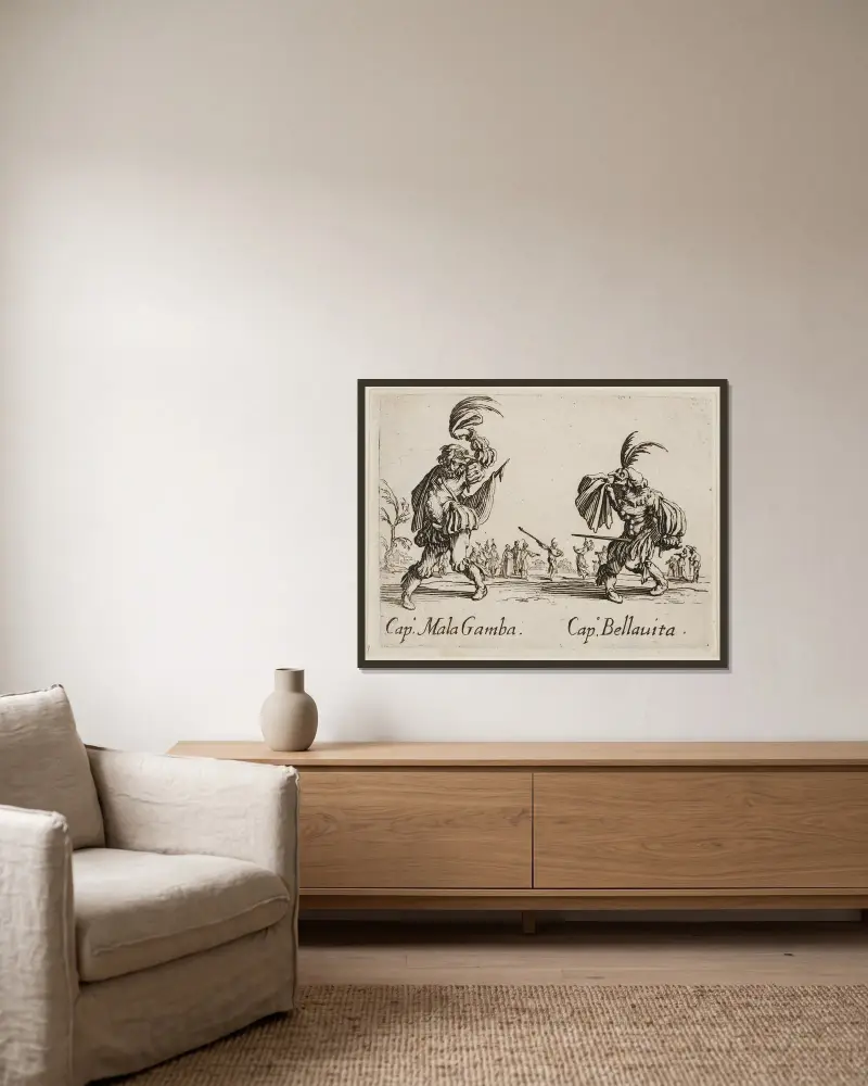 Cap. Mala Gamba och Cap. Bellavita av Jacques Callot inramad på en vägg
