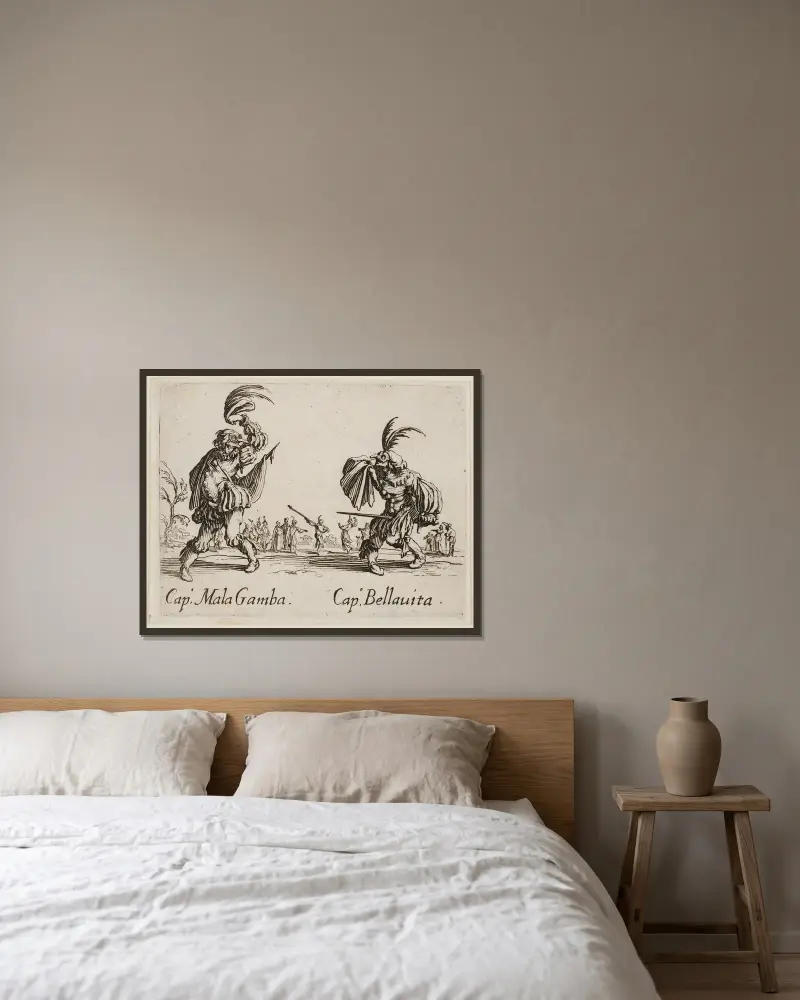 Cap. Mala Gamba och Cap. Bellavita av Jacques Callot inramad på en vägg