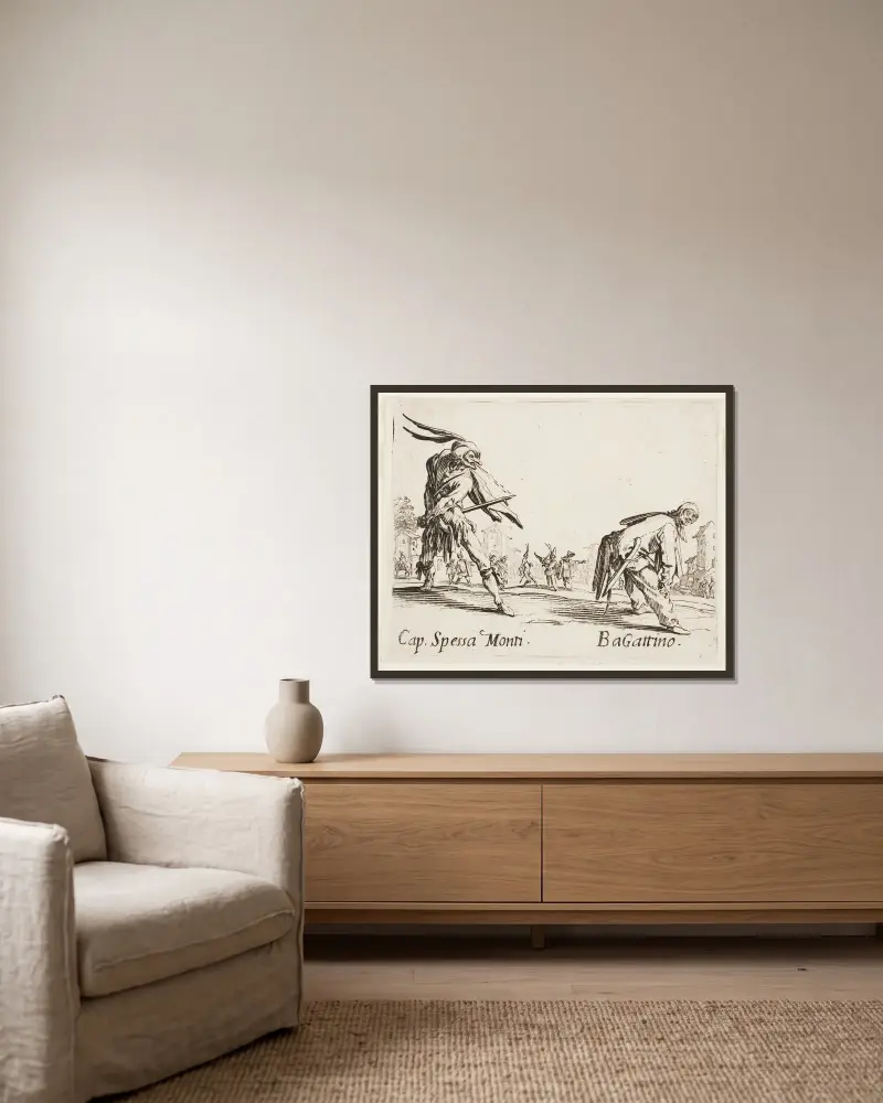 Cap. Spessa Monti and Bagatino av Jacques Callot inramad på en vägg