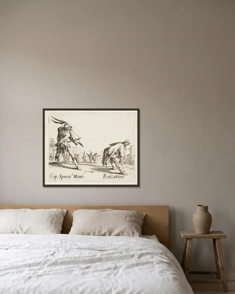 Cap. Spessa Monti and Bagatino av Jacques Callot inramad på en vägg