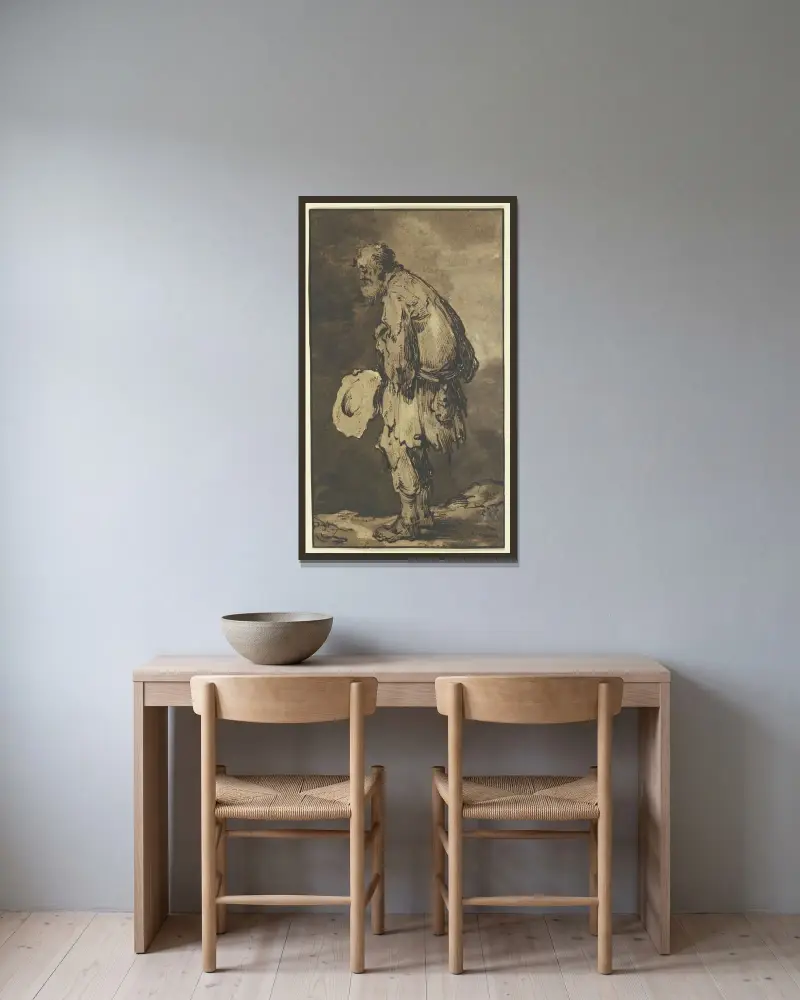 En tiggare, hatten i handen, i profil åt vänster av Jacques Callot inramad på en vägg