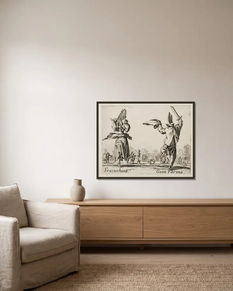 Francischina and Gian Farina av Jacques Callot inramad på en vägg