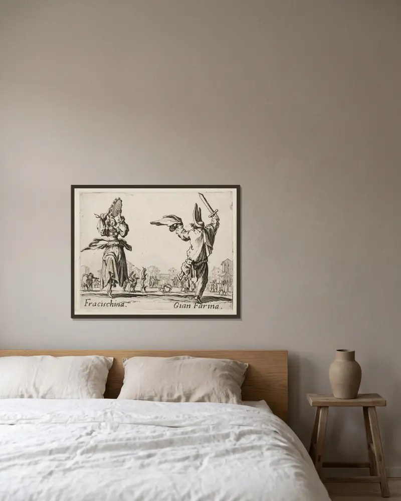 Francischina and Gian Farina av Jacques Callot inramad på en vägg