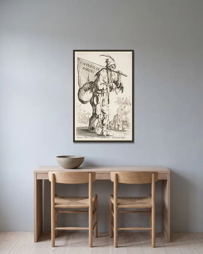 Frontespis – Tiggarna av Jacques Callot inramad på en vägg