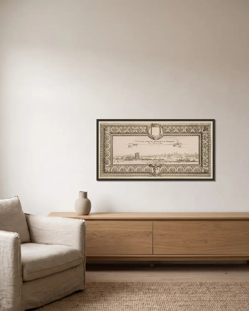 Frontespis till 'The Landscapes of Florence' av Jacques Callot inramad på en vägg