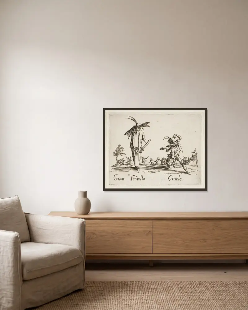 Gian Fritello and Ciurlo av Jacques Callot inramad på en vägg
