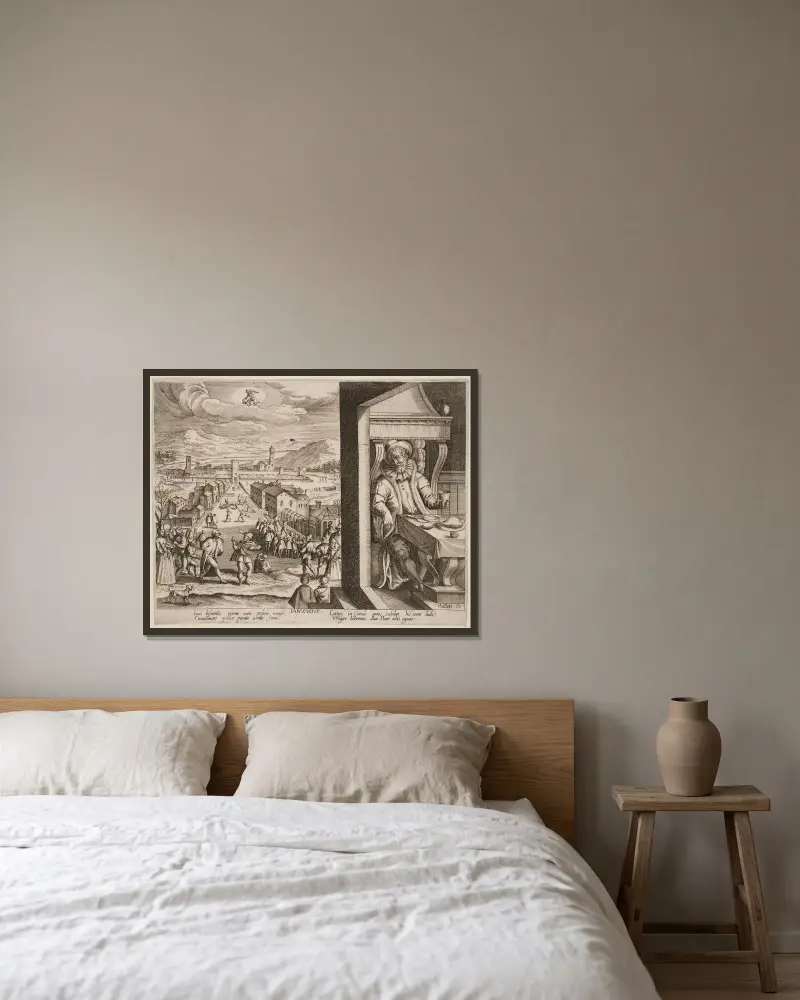 Januari av Jacques Callot inramad på en vägg