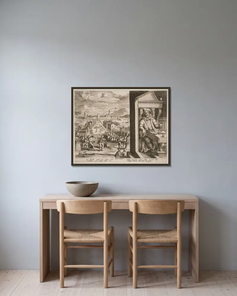 Januari av Jacques Callot inramad på en vägg