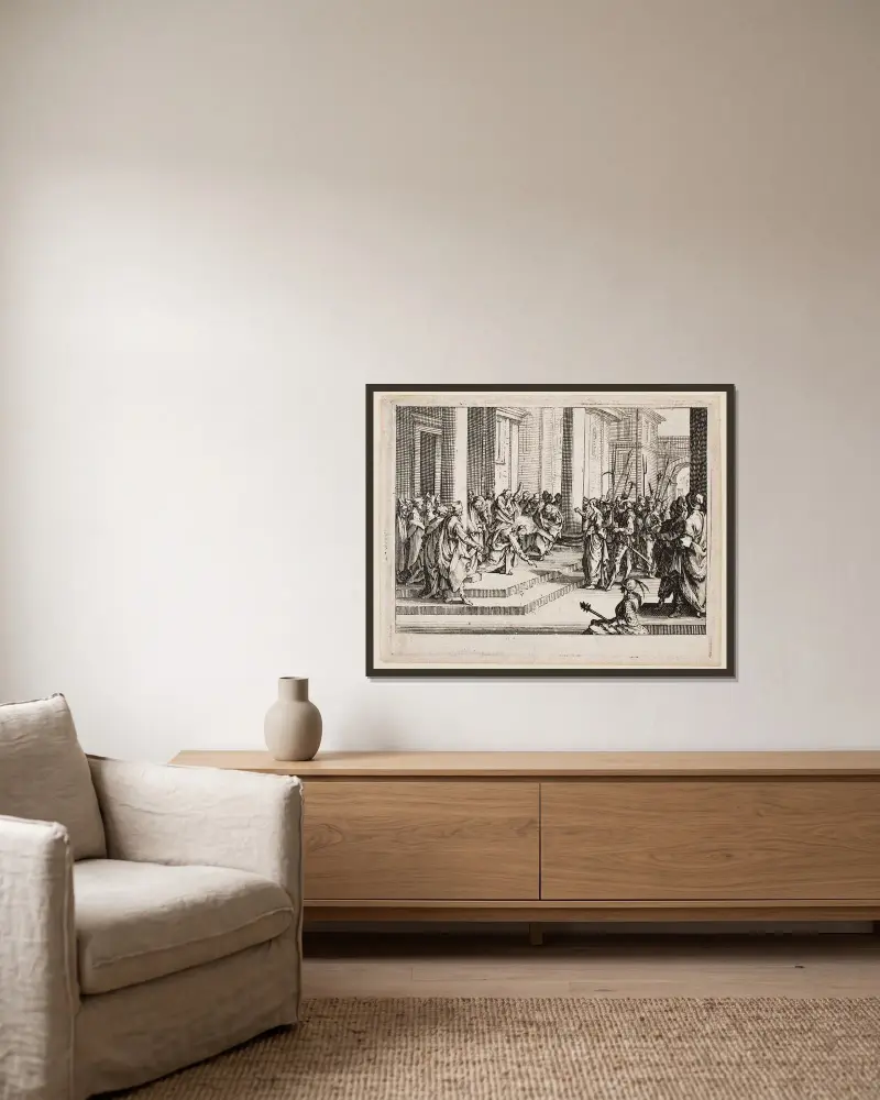 Jesus och äktenskapsbryterskan av Jacques Callot inramad på en vägg