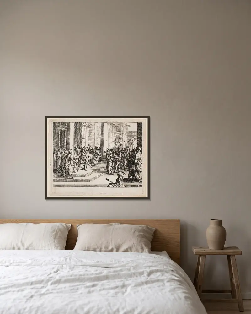 Jesus och äktenskapsbryterskan av Jacques Callot inramad på en vägg