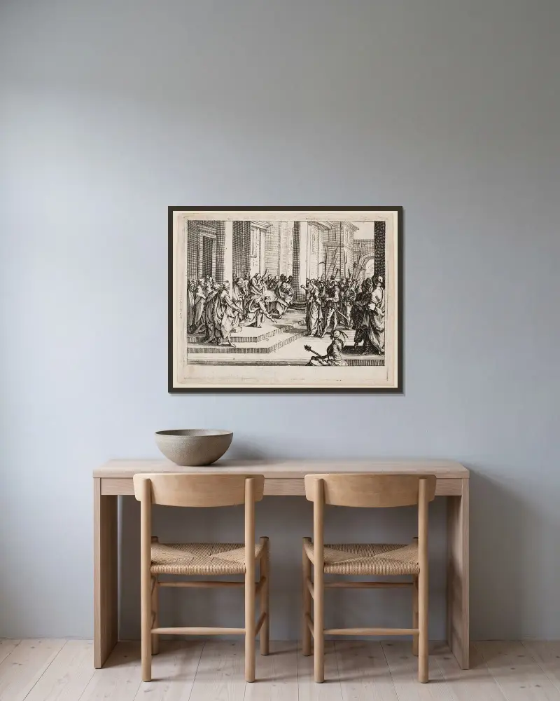 Jesus och äktenskapsbryterskan av Jacques Callot inramad på en vägg