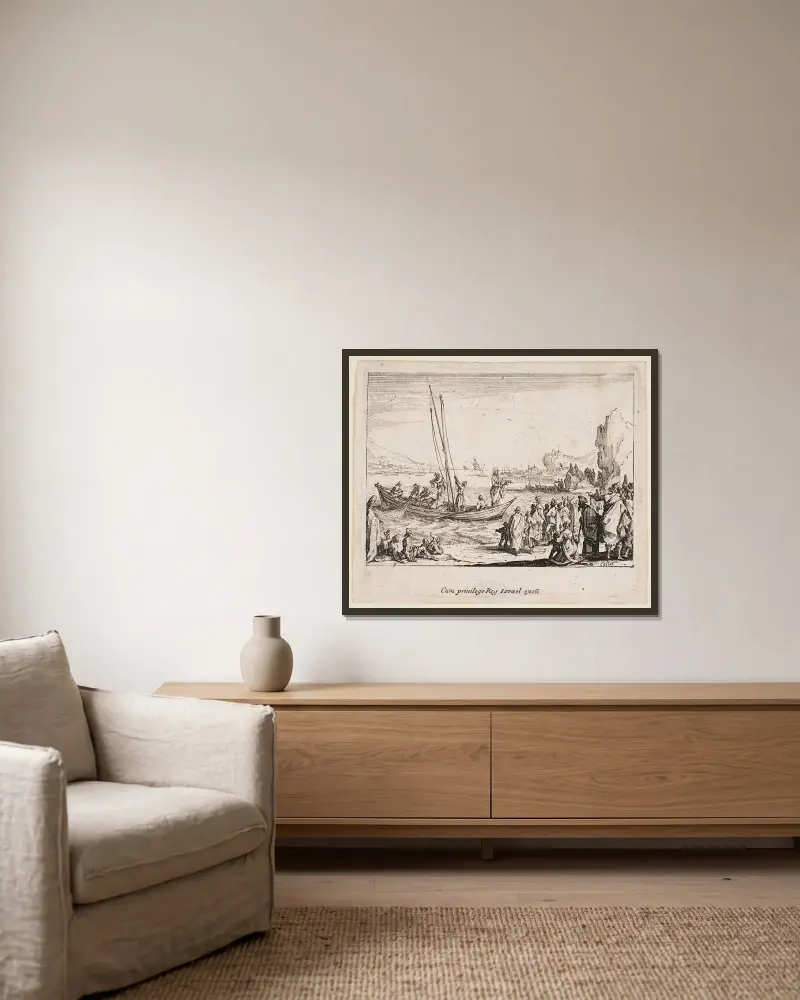 Jesus predikar vid havskanten av Jacques Callot inramad på en vägg