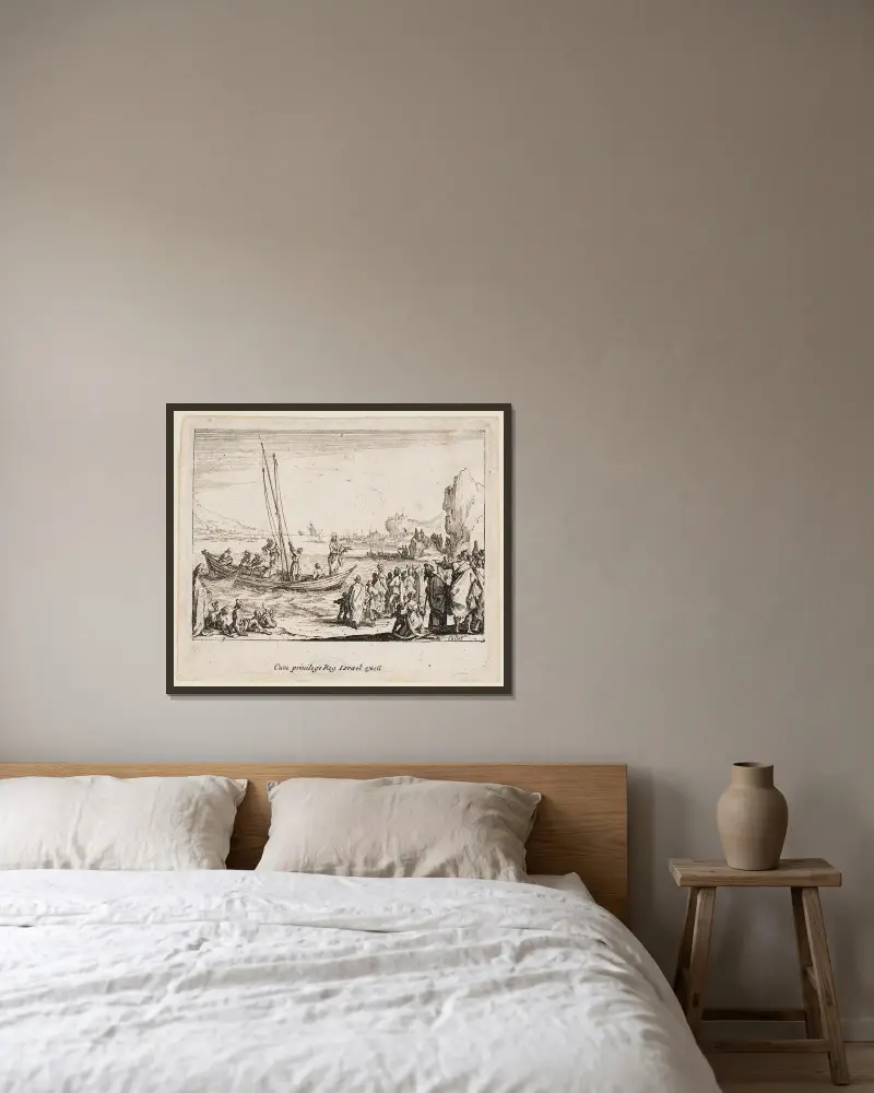 Jesus predikar vid havskanten av Jacques Callot inramad på en vägg