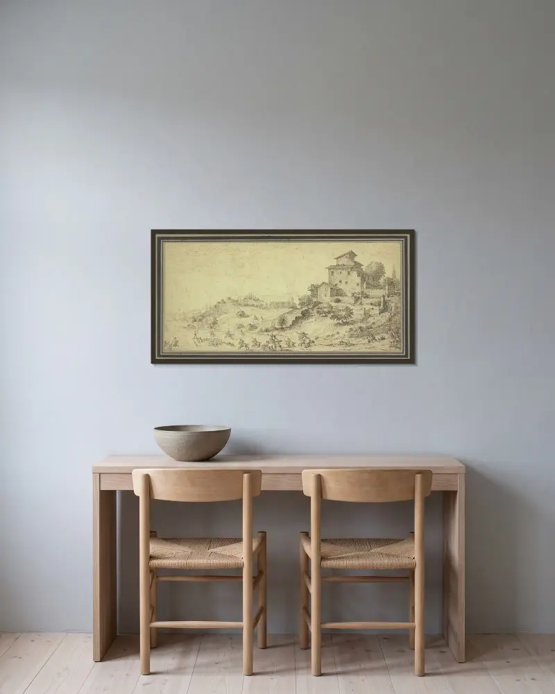 Landskap med hjortjakt av Jacques Callot inramad på en vägg