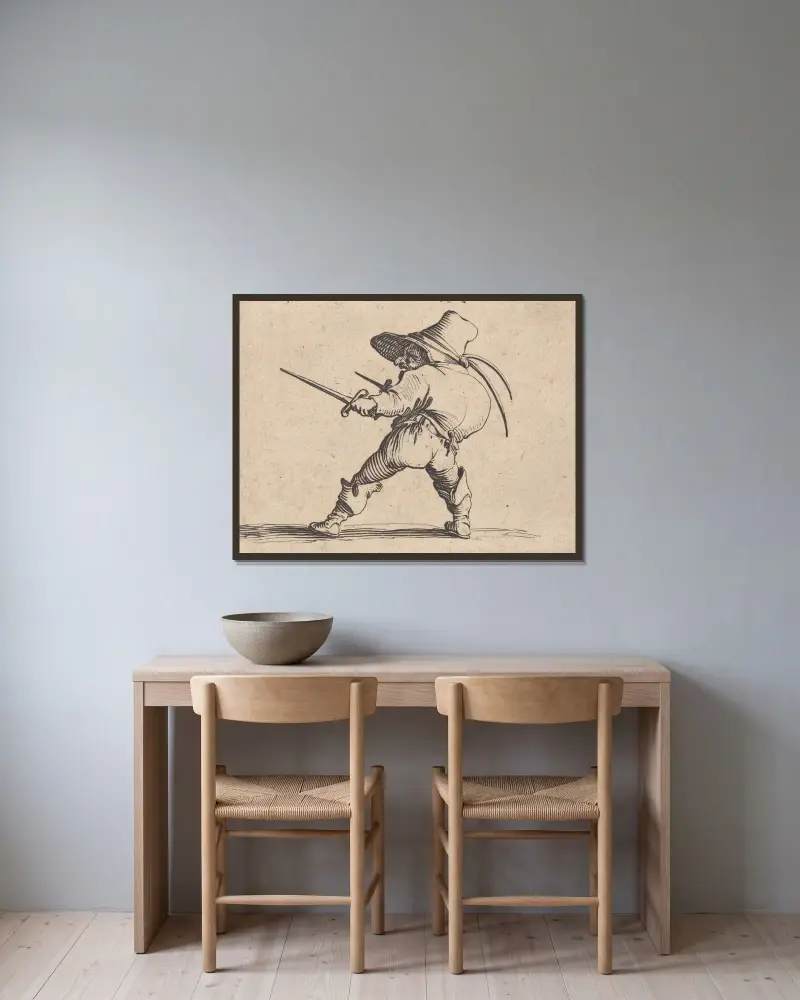 Le duelliste a l’épée et au poignard av Jacques Callot inramad på en vägg