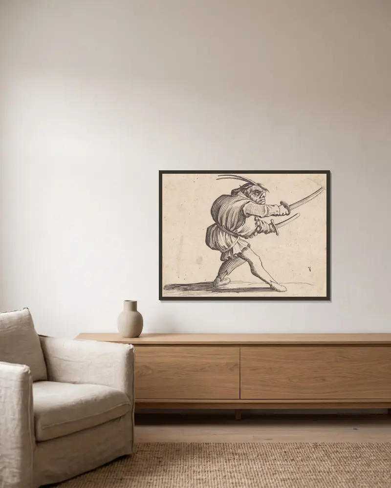 Le duelliste aux deux sabres av Jacques Callot inramad på en vägg