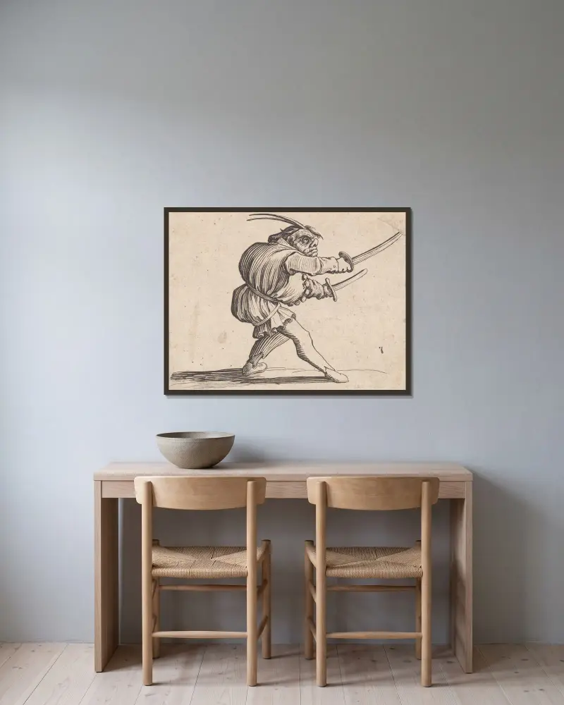 Le duelliste aux deux sabres av Jacques Callot inramad på en vägg