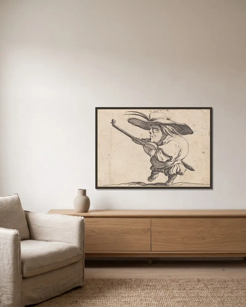 Der Lautenspieler von Jacques Callot gerahmt an einer Wand