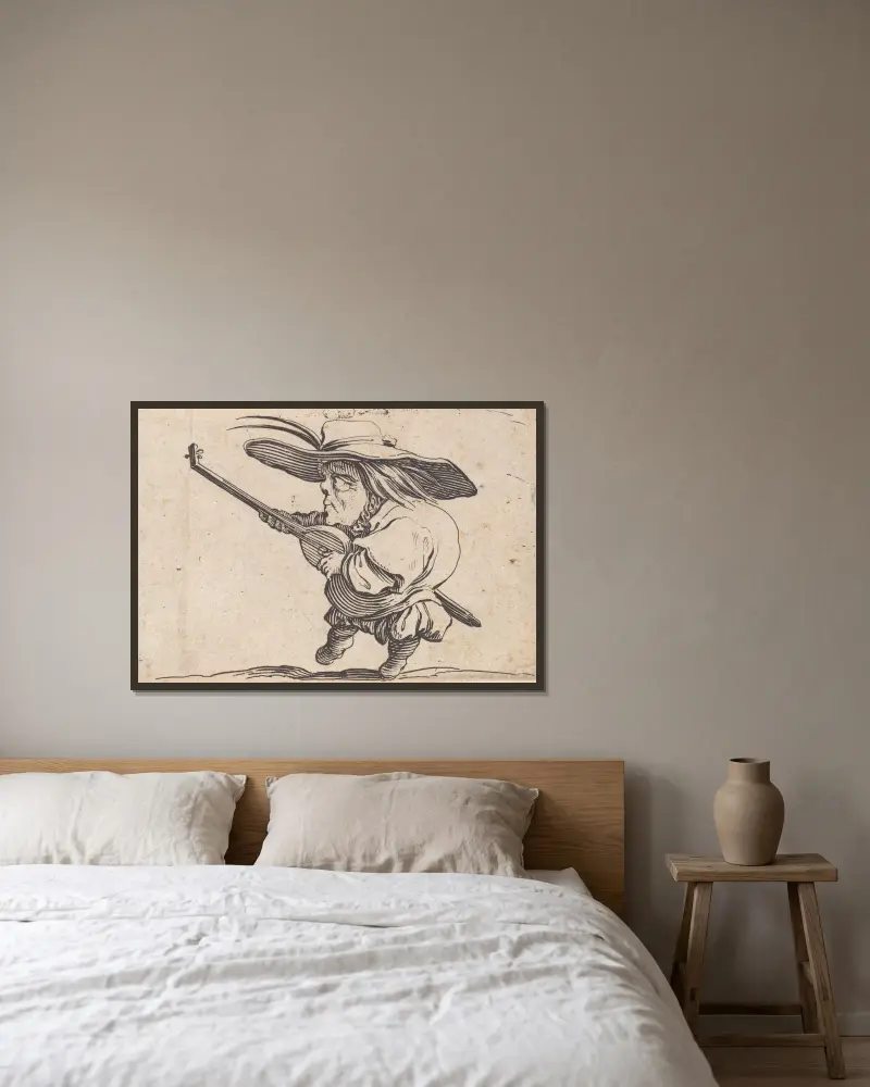 Der Lautenspieler von Jacques Callot gerahmt an einer Wand