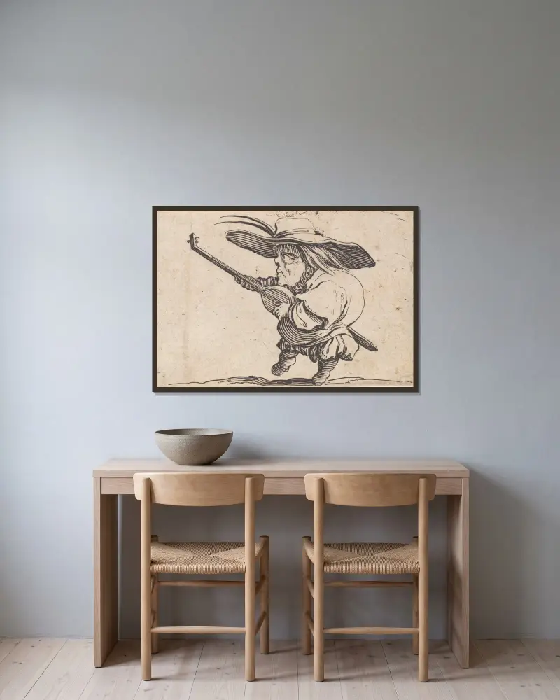 Der Lautenspieler von Jacques Callot gerahmt an einer Wand