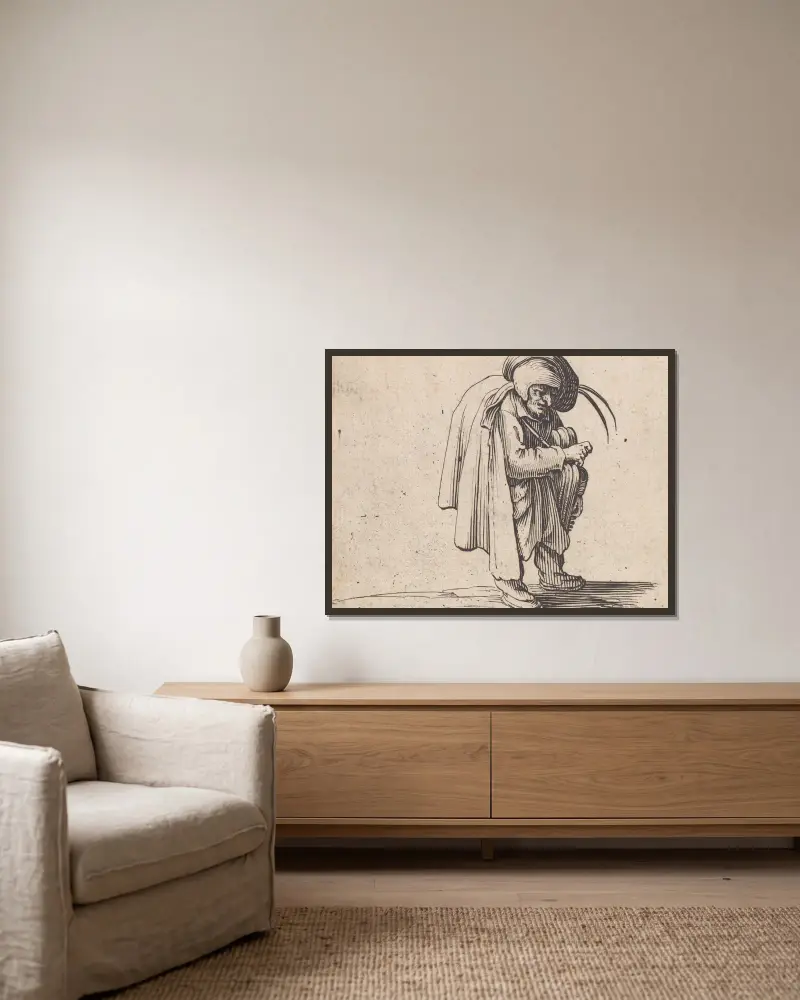 Der Drehleierspieler von Jacques Callot gerahmt an einer Wand