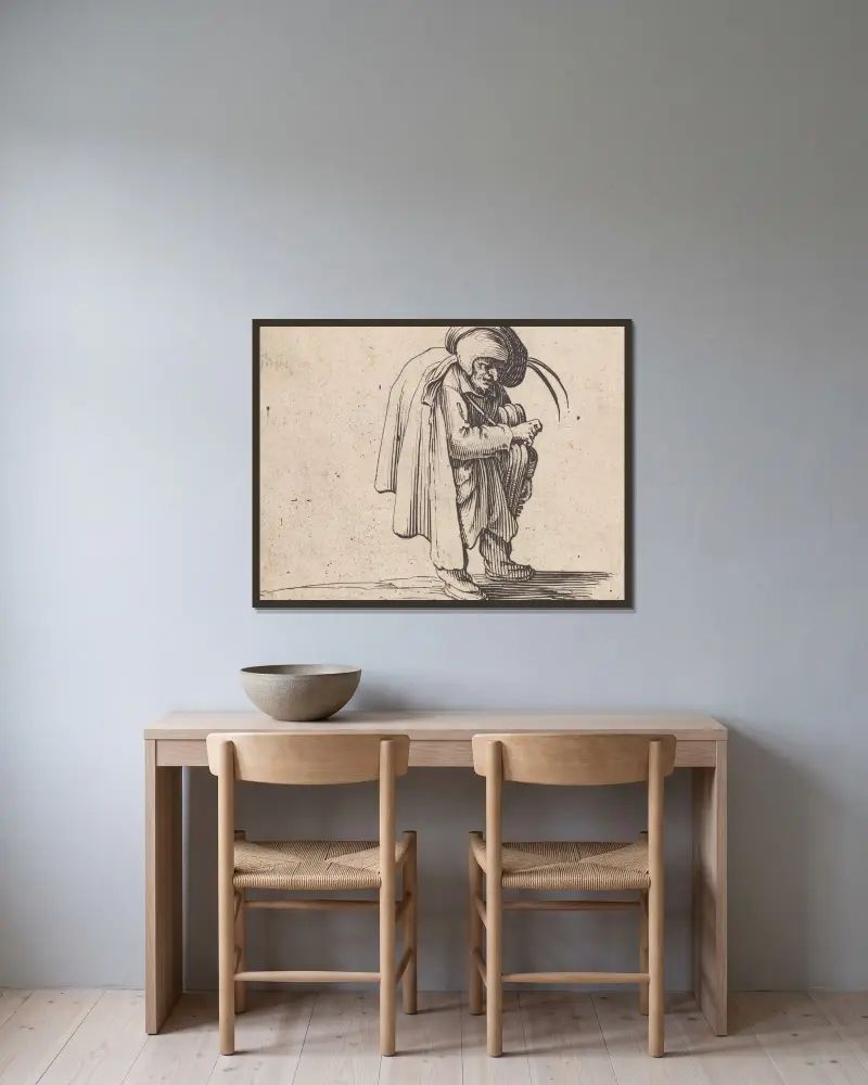 Der Drehleierspieler von Jacques Callot gerahmt an einer Wand