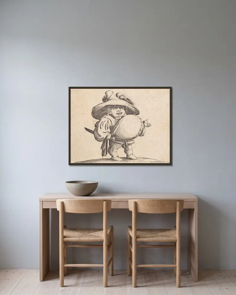 L’homme au gros ventre orné d’une rangée de boutons av Jacques Callot inramad på en vägg