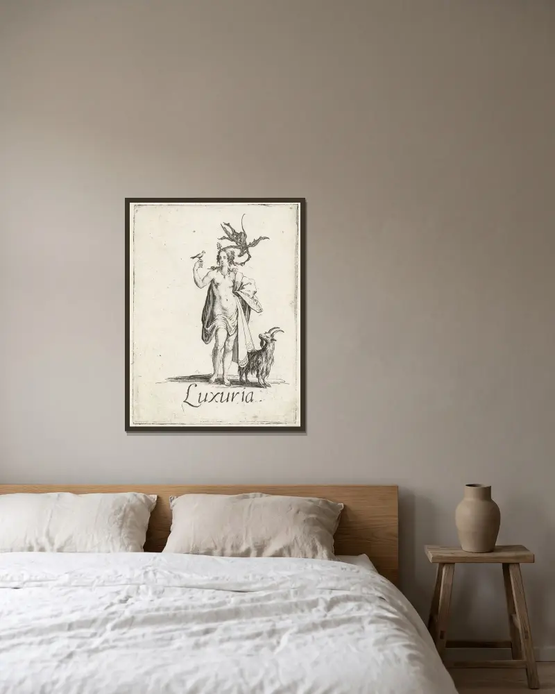 Luxuria (Lust) von Jacques Callot gerahmt an einer Wand